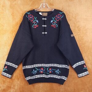 Vintage CUBUS Womens Sweater Large Black Pullover Wool Metal Clasp SPORTIQUE